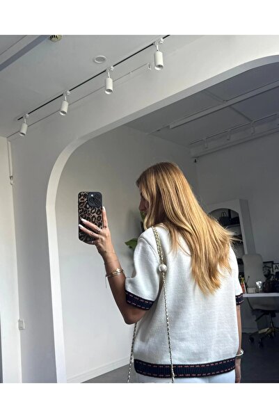 TB Butik Cream Orange Button Detail Short Sleeve Cardigan