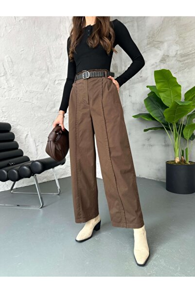 Elif Özbey Butik Brown Stapled Belted Stitching Detail Pants