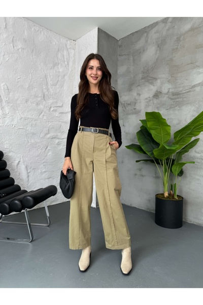 Elif Özbey Butik Khaki Staple Belted Trousers with Stitching Detail