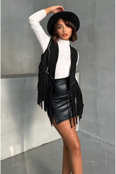 TOPSHOW Stone Detailed Tasseled Suede Vest