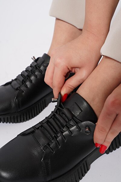 Moda Pie Aria Pileli Bağlı Hakiki Deri Kadın Ayakkabı Siyah Cilt