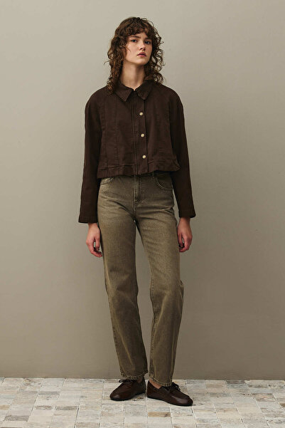 Fahhar Godeli Crop Denim Jacket Brown