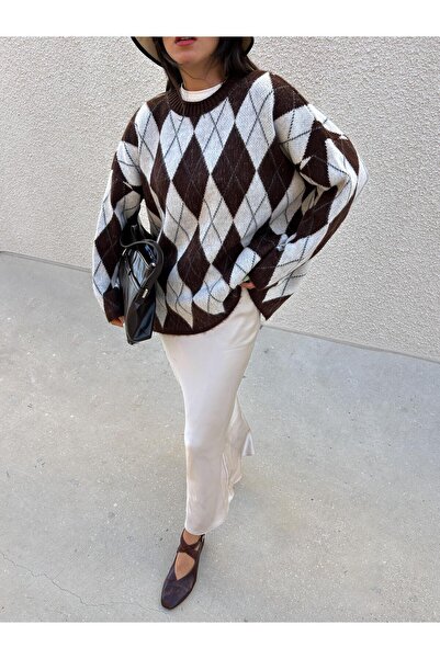 minaaise Γυναικείο πουλόβερ καφέ oversize με καρό σχέδιο 5581