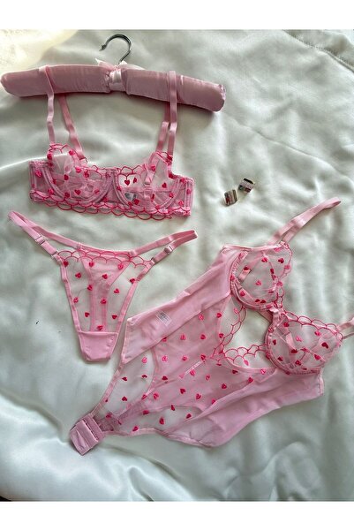 İNKO İÇ GİYİM Underwire Cupless Tulle Detailed Heart Patterned Bra Set & Bodysuit (Bra Thong)