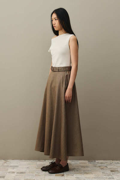 Fahhar Fishbone Belted Skirt Brown