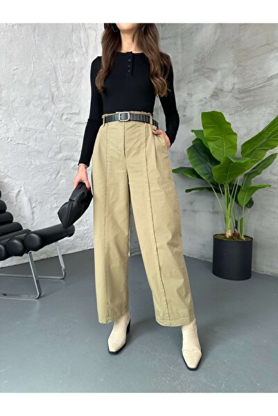 Elif Özbey Butik Khaki Staple Belted Trousers with Stitching Detail