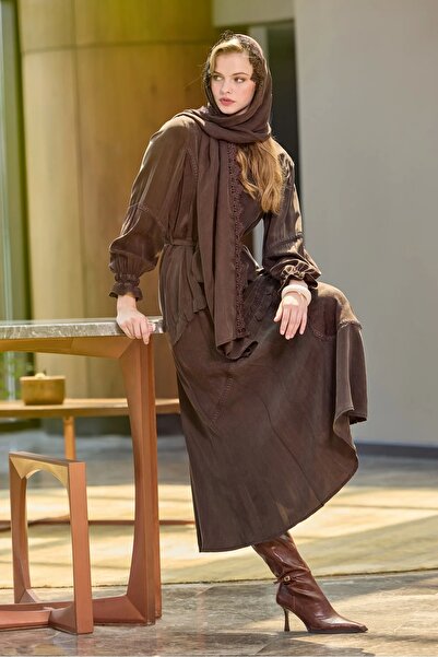 MissWhence Cupro Dress with Shawl Detail 38818 Coffee