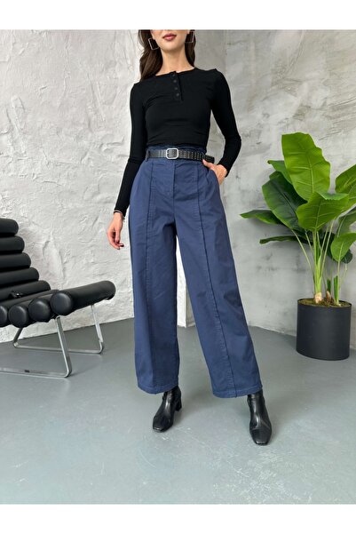 Elif Özbey Butik Navy Blue Staple Belted Pants with Stitching Detail