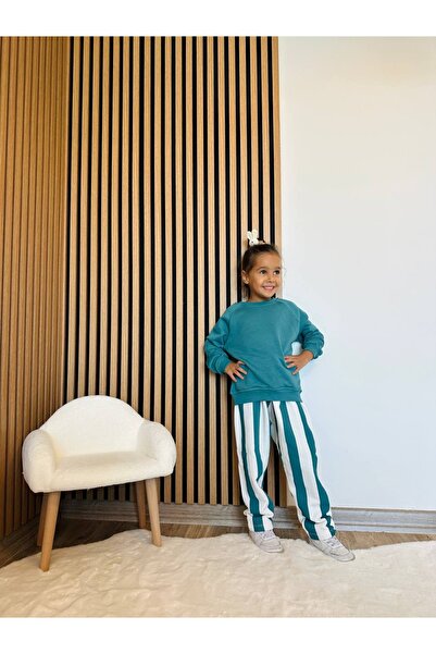 Lolliboomkids Girl's Canvas Striped Jogger Bottom Petrol Green Sweatshirt Bottom - Top Set