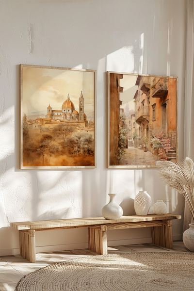STARYUNA Wooden Framed Florence Cathedral and Old Italian Street Double Painting Set Yuna435