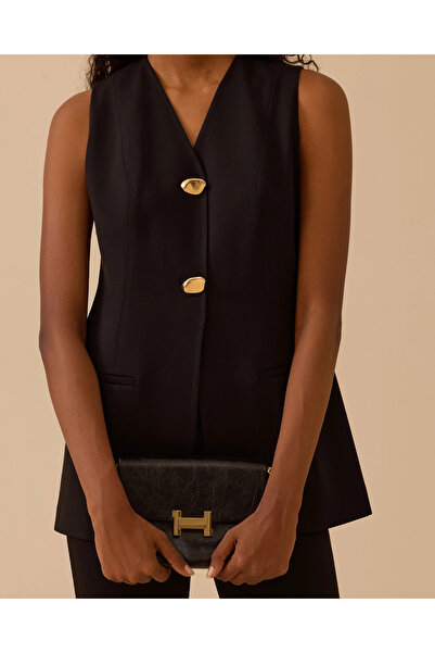 SEÇİL Women's V-Neck Gold Buttoned Long Vest - Black