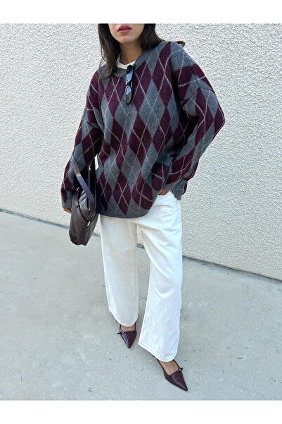 minaaise Pulover moale în carouri oversize pentru femei, bordeaux, 5581