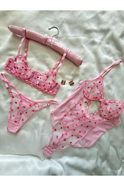 İNKO İÇ GİYİM Underwire Cupless Tulle Detailed Heart Patterned Bra Set & Bodysuit (Bra Thong)