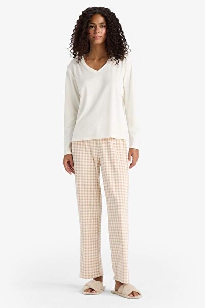 DeFacto Pijama Takımı Regular Fit Uzun Kollu Velur Üst Kareli Uzun Alt-Fall in Love (25 AU)