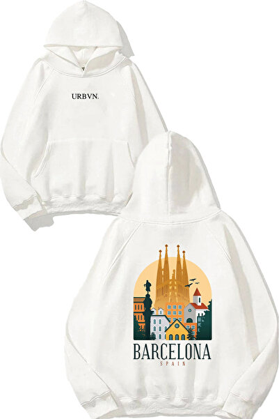 urbvn سويت شيرت بقلنسوة أبيض كبير الحجم مطبوع بتصميم برشلونة إسبانيا