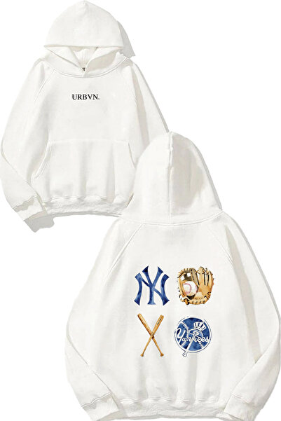 urbvn سويت شيرت أبيض كبير الحجم مطبوع عليه تصميم بيسبول يانكيز