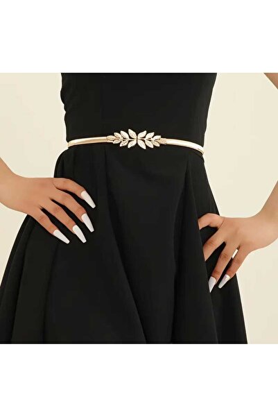 İMREN AKSESUAR حزام معدني مطاطي مطلي بالذهب للنساء مع إبزيم على شكل ورقة شجر