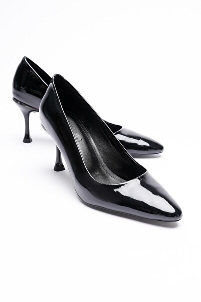 Mubiano Kadın Rugan Deri Topuklu Ayakkabı 7.5 cm Platin Topuk Detaylı Siyah Doretta