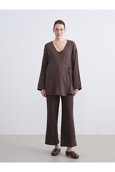 LC Waikiki Γυναικείο παντελόνι από μουσελίνα με ελαστική μέση καφέ χρώματος