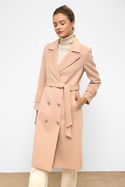 Olcay Waist-Tied Double-Breasted Medium-Length Coat Pudra 3987-Y