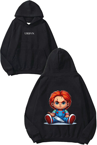 urbvn سويت شيرت بقلنسوة أسود كبير الحجم مطبوع بتصميم Çaki Baby