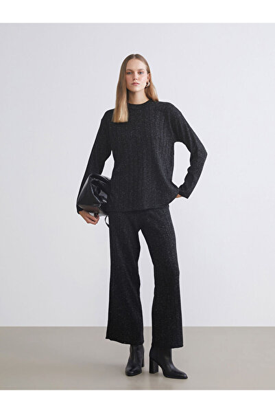 LC Waikiki Black Elastic Waist Wide Leg Women's Knitwear Trousers