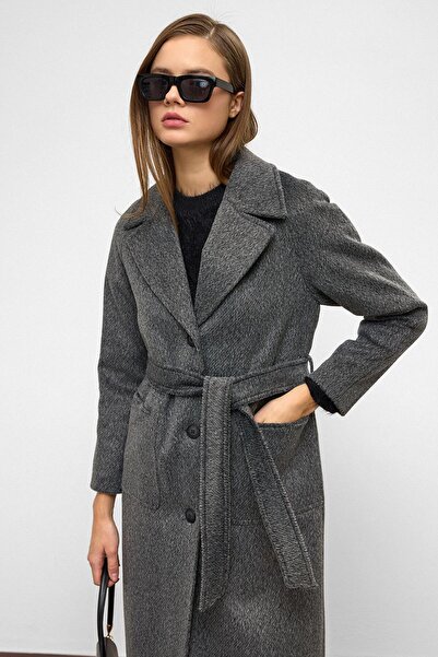 Olcay Reglan Sleeve Waist-Tied Moher Coat Anthracite 3156