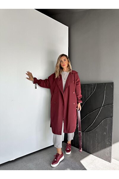 Zerrincan Giyim Bordo Kolu Bağlamalı Oversize Trençkot