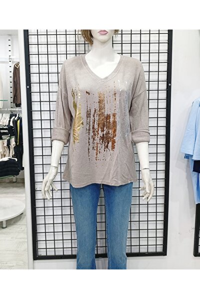 Butik Şans Printed V-Neck Soft Textured Italian Knitwear Blouse