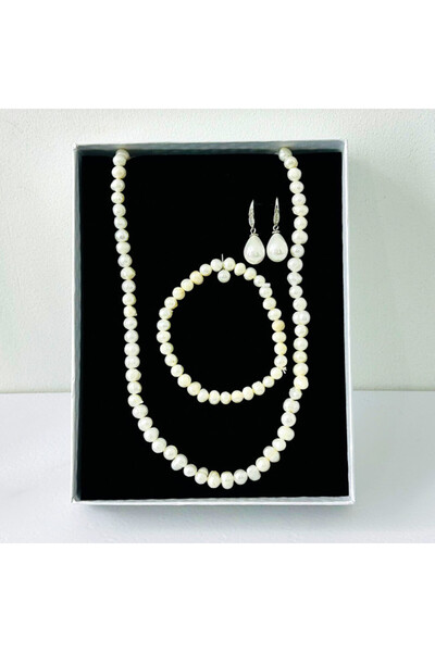 FashionForYou Precious Pearls accessory set, necklace, earrings and bracelet made of cultured pearls, in gift box, White