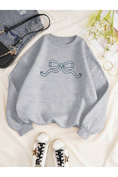 PALPİTO Women's Gray Bow Printed Crew Neck Oversize Sweatshirt