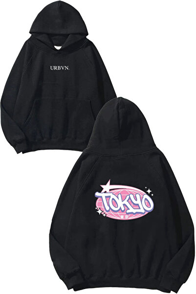urbvn سويت شيرت بقلنسوة أسود كبير الحجم مطبوع بتصميم توكيو ستار
