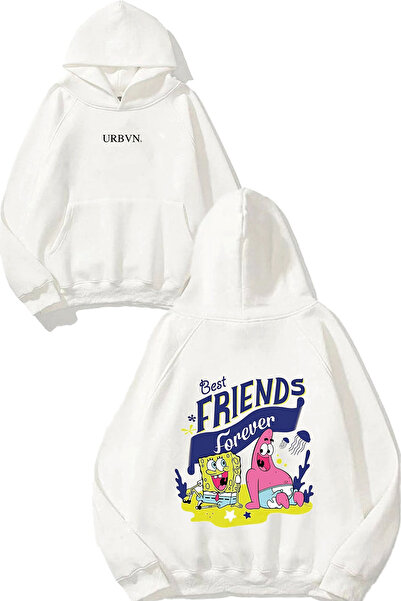 urbvn Bff Tasarım Baskılı Oversize Beyaz Kapüşonlu Sweatshirt