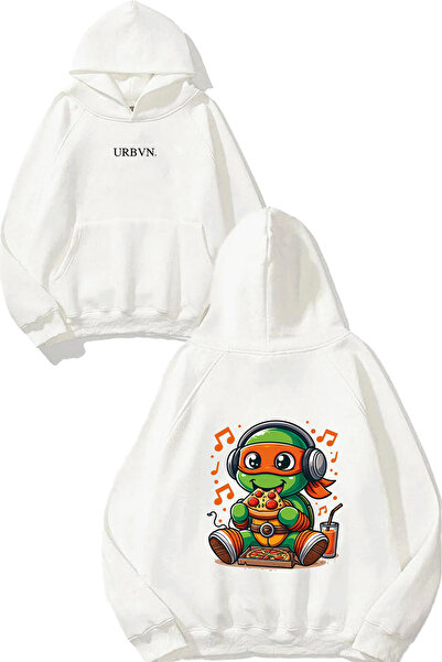 urbvn سويت شيرت أبيض كبير الحجم مطبوع عليه تصميم بيتزا السلحفاة