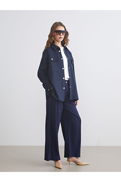 LC Waikiki Navy Blue Loose Fit Wide Leg Women's Pleated Trousers