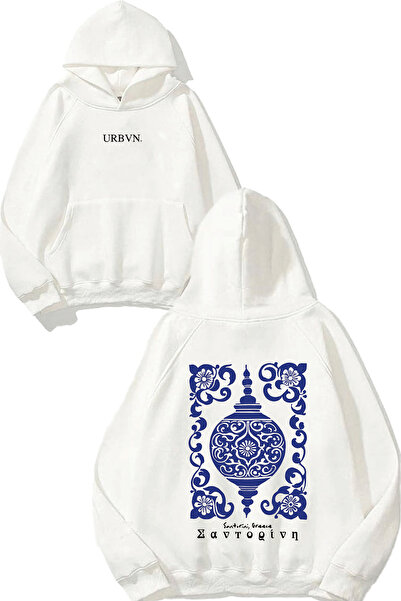 urbvn سويت شيرت أبيض كبير الحجم مطبوع بتصميم سانتوريني