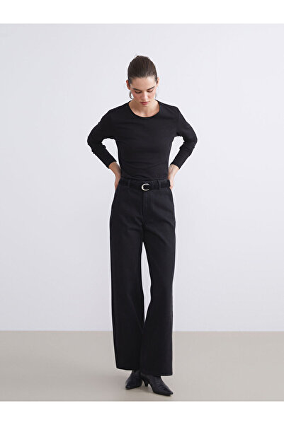 LC Waikiki Black Wideleg Women's Jean Trousers with Belt