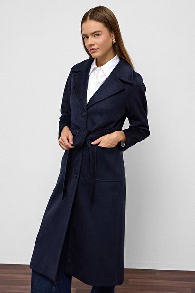 Olcay Reglan Sleeve Waist Tied Moher Coat Dark Blue 3156