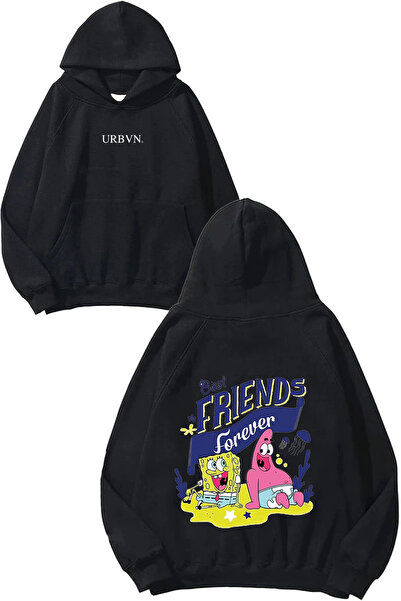 urbvn Bff Tasarım Baskılı Oversize Siyah Kapüşonlu Sweatshirt