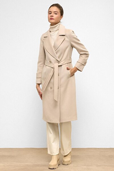 Olcay Waist-Tied Double-Breasted Medium-Length Coat Stone 3987-Y