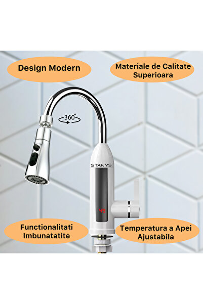 STARYS Robinet Electric Instant Apa Calda + Cap Flexibil + 4x Capete incluse, Design Modern