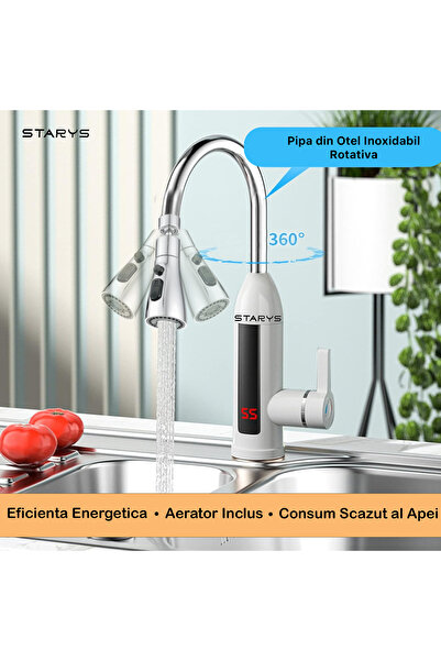 STARYS Robinet Electric Instant Apa Calda + Cap Flexibil + 4x Capete incluse, Design Modern