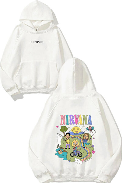 urbvn سويت شيرت أبيض كبير الحجم مطبوع عليه تصميم نيرفانا رينبو
