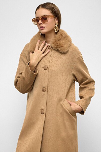 Olcay Detachable Fur Low Arm Plus Size Coat Kamel 3089