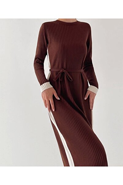 Lusin Women's Brown Striped Belted Knit Dress