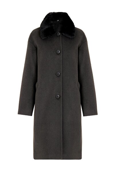 Olcay Detachable Fur Low Sleeve Plus Size Coat Anthracite 3089