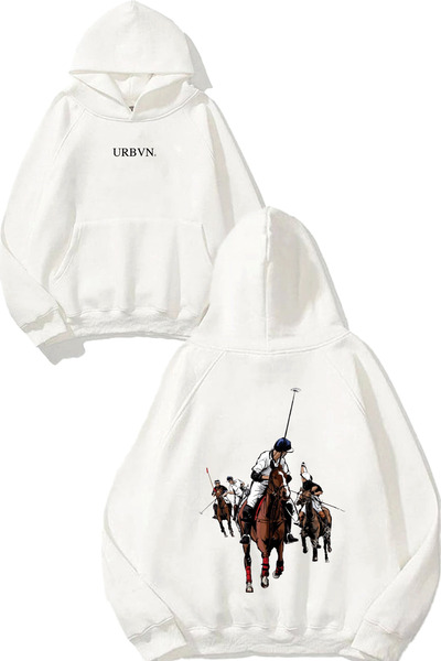 urbvn سويت شيرت أبيض كبير الحجم مطبوع عليه تصميم ركوب الخيل