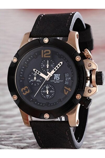 T5 Saat T5 Men's Wristwatch – Rose Gold Case – Black Leather Band – Chronograph & Calendar – Water Resistant