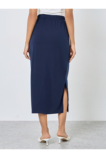 Take Two By Styli Solid Elastic Waistband Midi Skirt with Side Slit