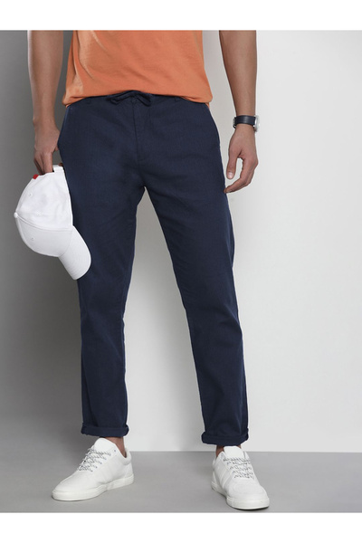 The Indian Garage Co By Styli Men Navy Cotton Slim Fit Trousers